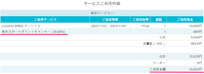 ConoHa WINGのサービス利用明細