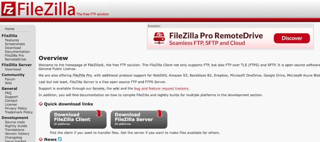 FileZillaの公式サイト